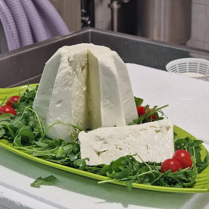 Un pandoro di mozzarella di bufala intero accanto a una fetta, su un vassoio con rucola e pomodorini